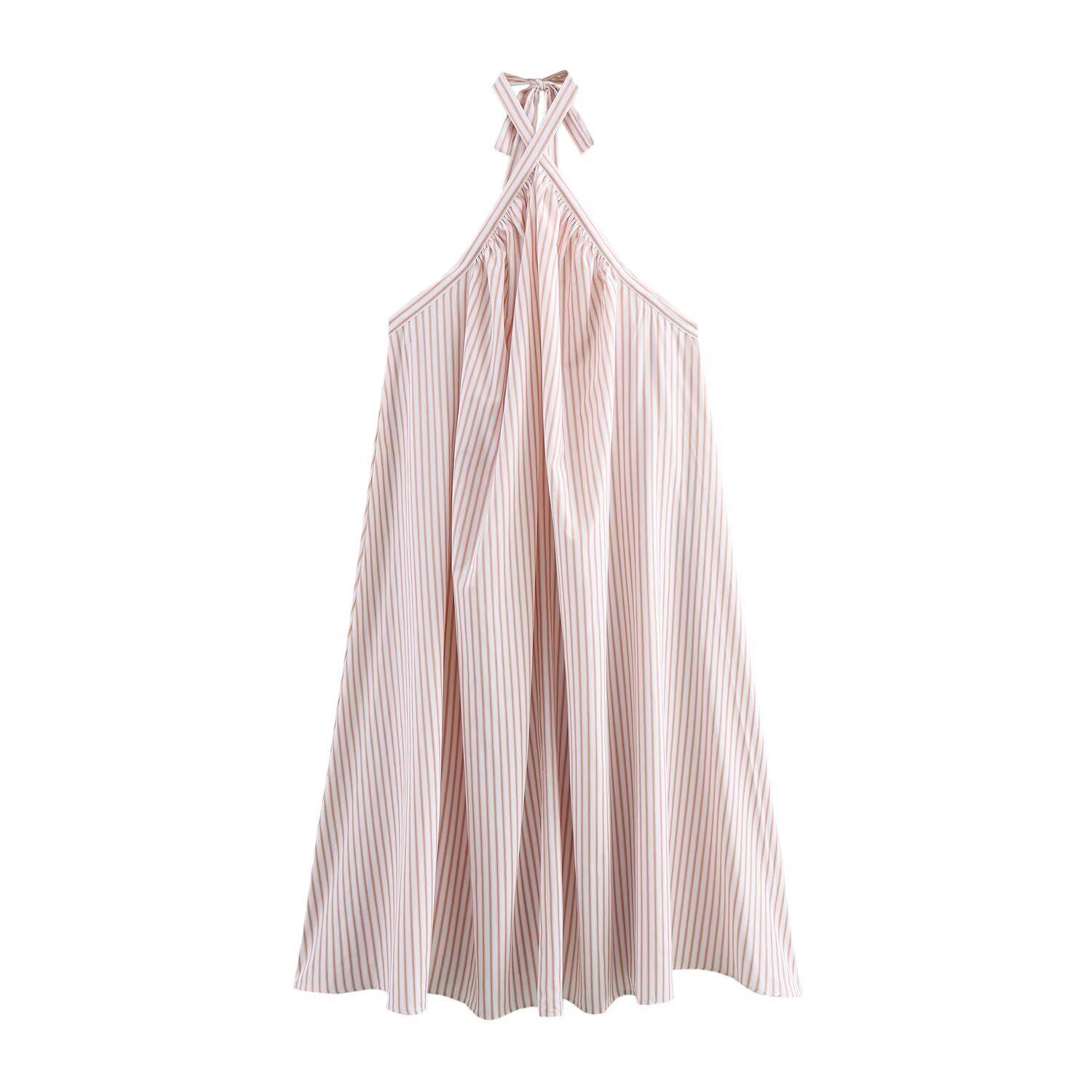 

Весеннее женское европейское и американское полосатое платье-халтер для отпуска 2025 Small