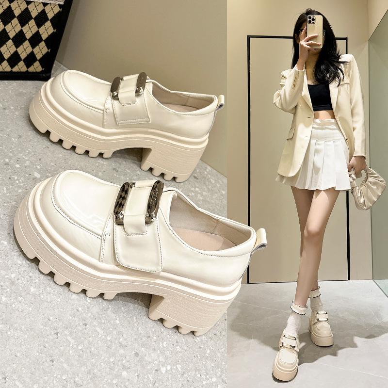 Cowhide Platform Loafers Women's Spring 2025 Velcro Versatile British Style Small Leather Shoes Single Shoes High Heel