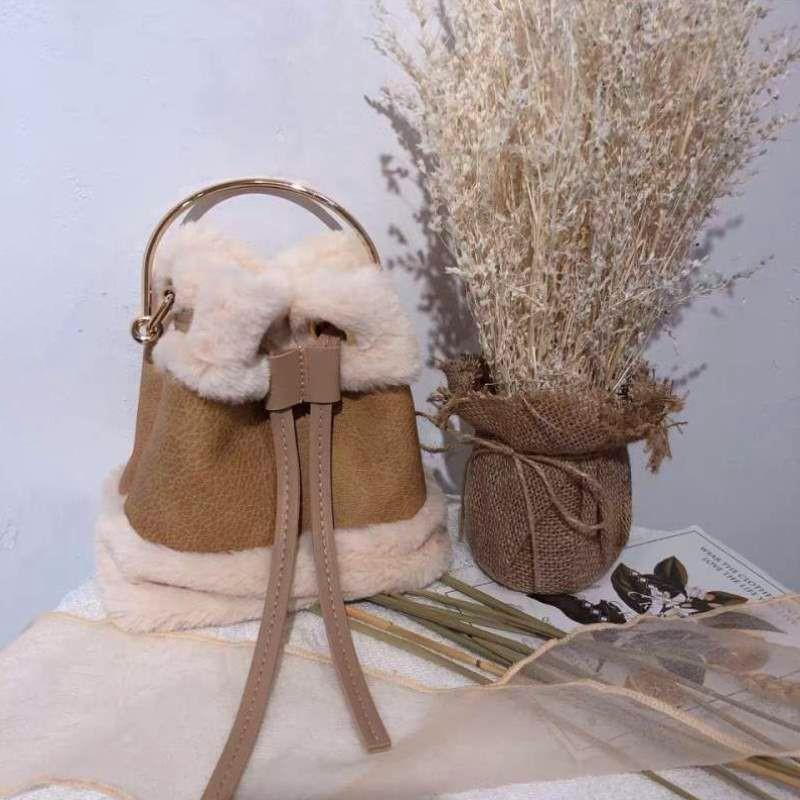 Plush Khaki Drawstring Bucket Handbag Women Panel Cloth Sweet Cute Shoulder Bags Ladies Soft Casual Versatile Crossbody Bag 2025