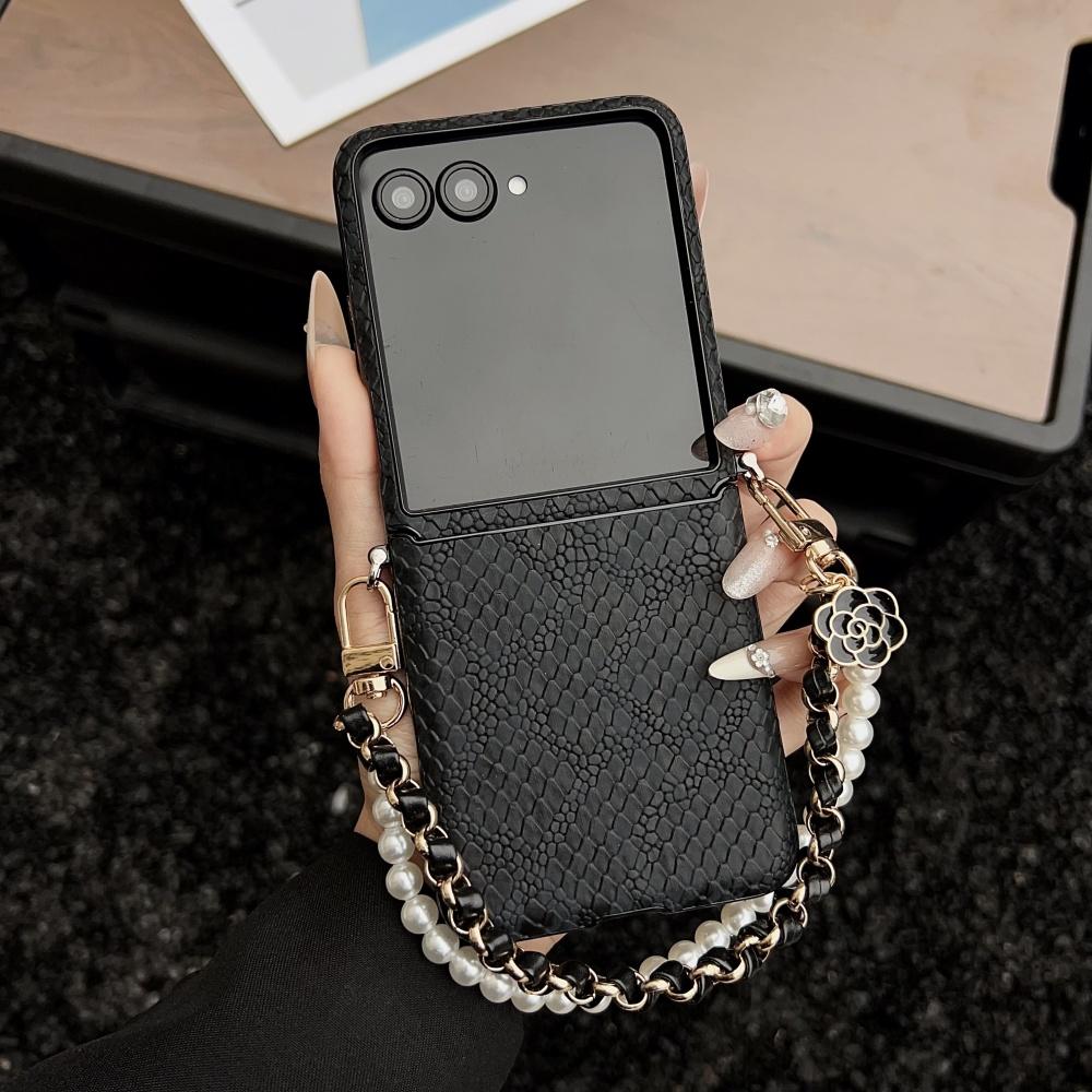 Women Girl's Leather Case For Samsung Z Flip 7 6 5 4 Snake Pattern Pearl Bracelet Lanyard Cover for Samsung Galaxy ZFlip7