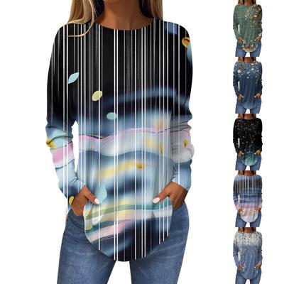 Women's Loose Round Neck Print Long Sleeve T-Shirt Top Pullover