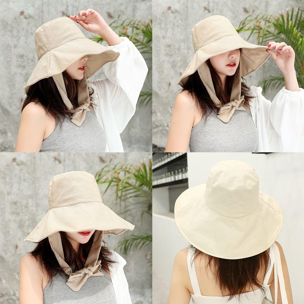 Fashion Tie Design Fisherman Hat Big Brim Foldable Bucket Hat Cotton Linen Visor Cap Women