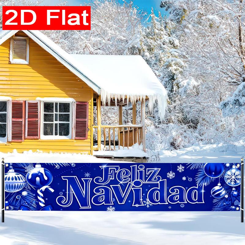 Spanish White Merry Christmas Christmas Yard Banner, Polyester Outdoor Fence Decor Garden Sign