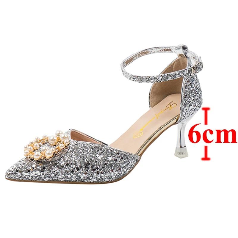 Fashion New Thin Heels Bling Glitter Pumps Women Fahsion Pearl Buckle High Heels Shoes Woman Pointed Toe Ankle Strap Wedding Party Shoes