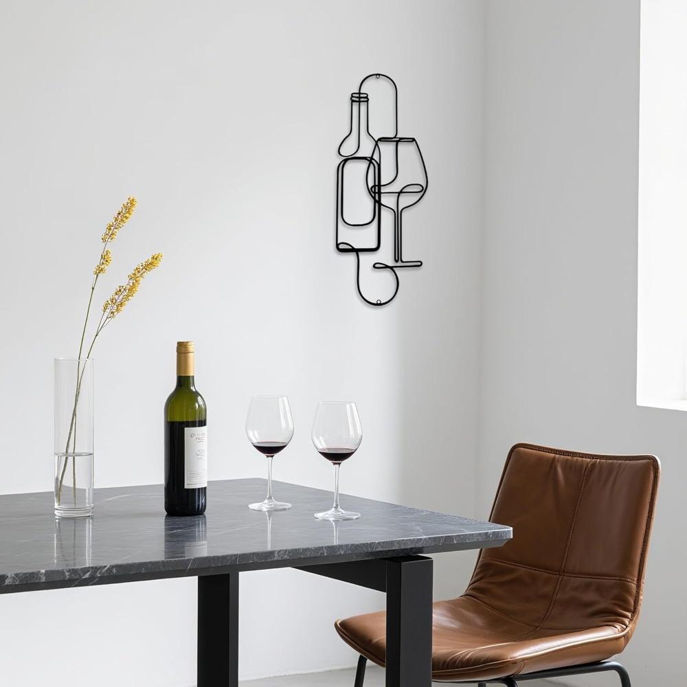 Minimalistische Lijntekening Metaal Wanddecoratie Wijnflessen Glas Zwart Modern Bar Keuken Huis Kunst 15,75x5,98 Inch