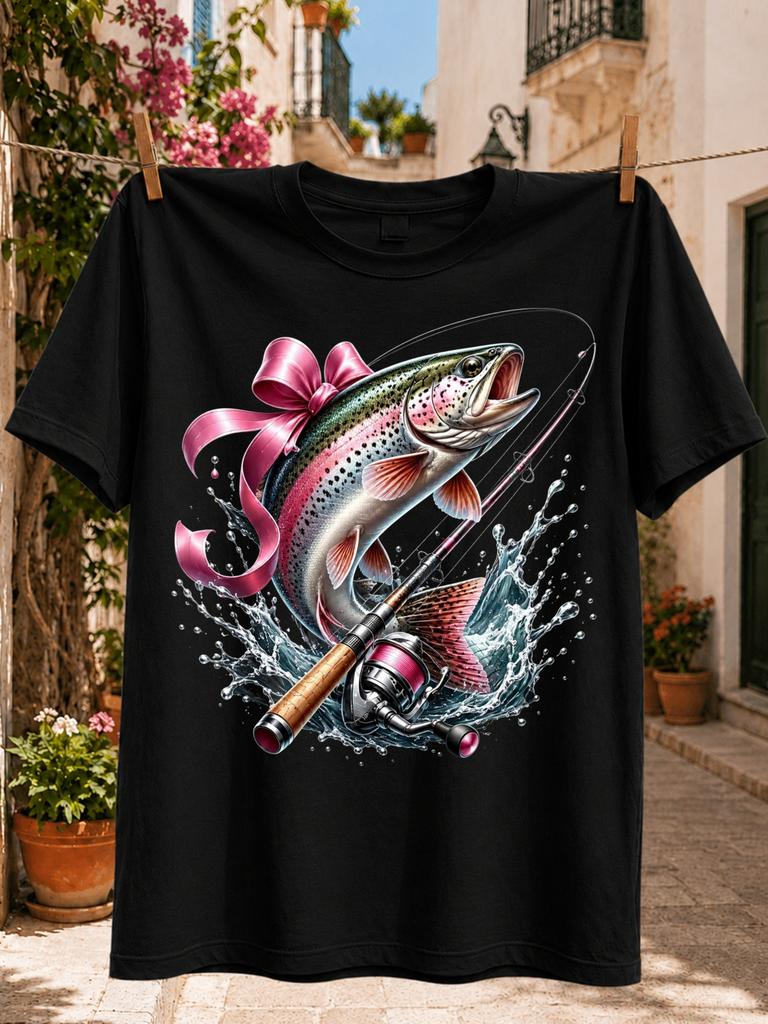 Rainbow Trout Fishing Graphic Pink Ribbon Wrapped Troutrod Reel And Water Splash Detailed Feminine Unisex All Tshirt
