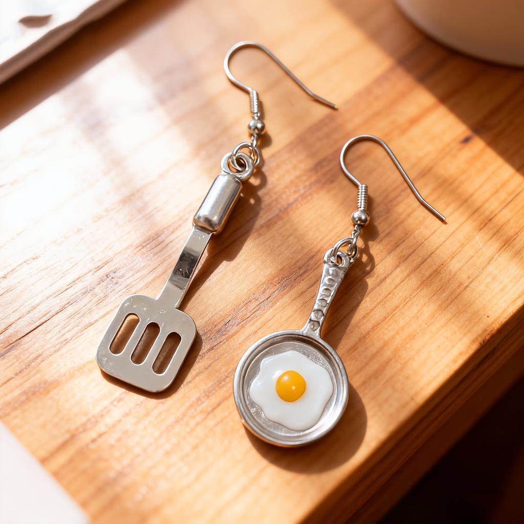 A Pair of Cute Asymmetrical Earrings Shaped Like a Frying Pan And Spatula, Perfect for Daily Wear for a with a Playful Heart