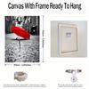 Framed - Red Umbrella Street Printed Canvas Art Poster - Modern City Scene Canvas Poster Decorative Wall - Including Hanging Hardware