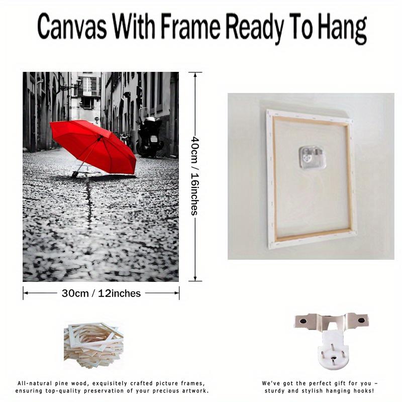 Framed - Red Umbrella Street Printed Canvas Art Poster - Modern City Scene Canvas Poster Decorative Wall - Including Hanging Hardware