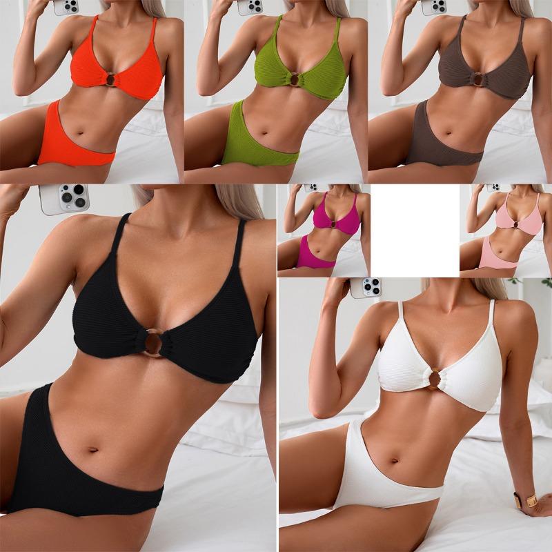 Orange Ribbed O Ring Bikini Set Spaghetti Strap High Cut Two Piece Swimsuit