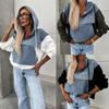 Women's Hooded Long Sleeve Loose Fit Sweatshirt Casual Washed Denim Patchwork Pullover