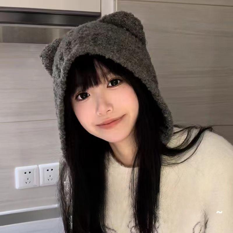 Cute Bear Ear Wool Hat for Women In Autumn and Winter Warm Knitted Hat Plush Hat Versatile Cold Protection Ear Tip Hat