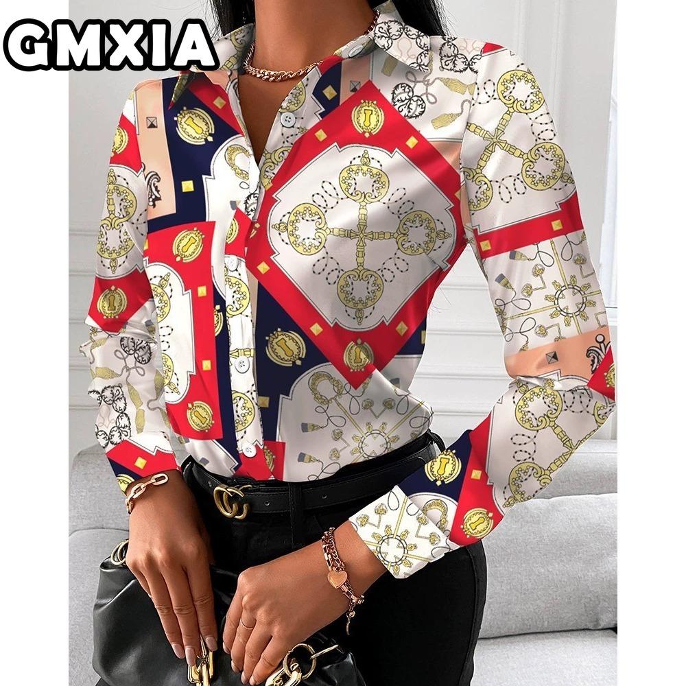 GMXIA Damenmode Lässig Freizeit Einfarbig Druck Langarm POLO Kragen Blusen & Hemden