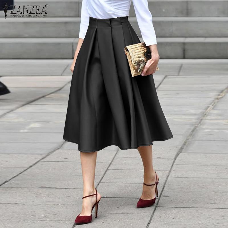 ZANZEA Fuste de vară casual pentru femei, culoare uni, largi, linie A