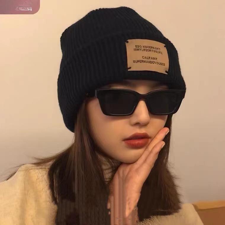 Hat Trendy Retro Sticker Couple Wool Hat for Women In Autumn and Winter Big Head Circumference Warm Korean Style Ear Protection Knitted Hat