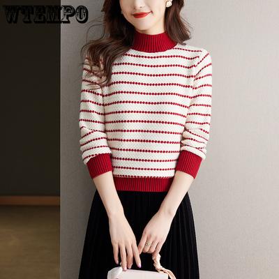Half High Collar Autumn/Winter Sweater Bottom Shirt Striped Knitted Shirt Women's Western Style Top