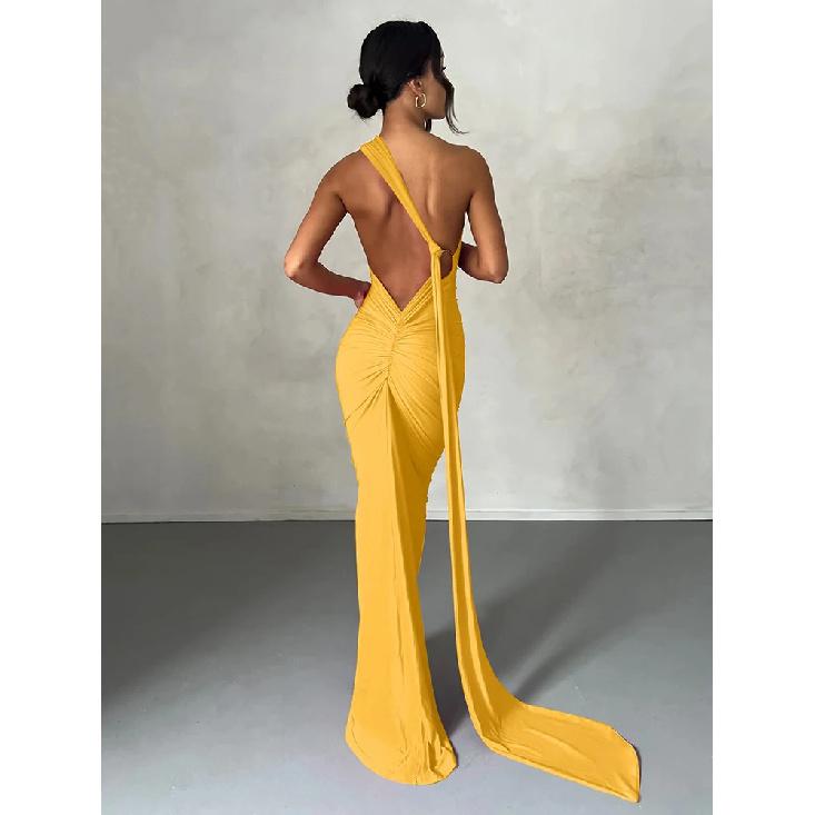 One Shoulder Rückenfrei Verstellbarer Schal Loop Gerafftes Sexy Maxikleid Damen Elegant Y2K Streetwear Festival Outfit