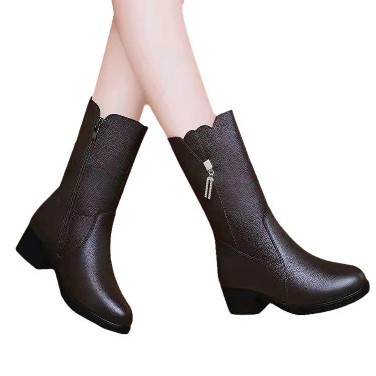 Soft Leather Mother Medium Boots Thick Heel Short Boots Winter Velvet Boots Autumn and Winter Middle Heel Women's Leather Shoes Versatile Velvet Warm