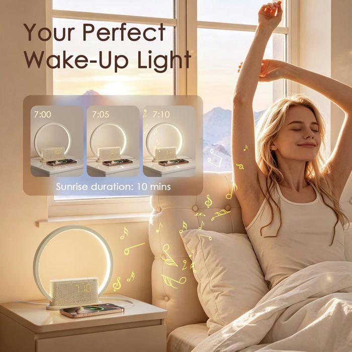 Blonbar Réveil Lumineux - Lampe Imitant Lever du Soleil, 3 Luminosités, 10 Sons Naturels, Port USB, Veilleuse Chambre