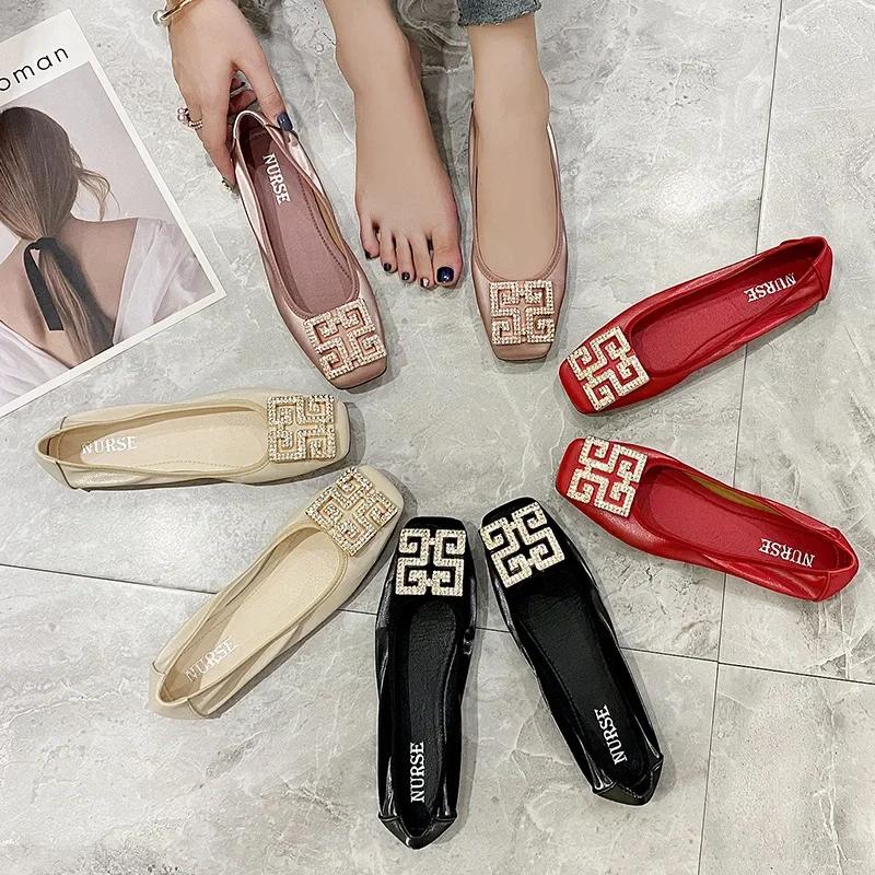 Fashion Red Ballerina Women Shoes Slip On Square Toe Flats Shoes For Women Rhinestones Buckle Loafers Women's Shallow Mouth Moccasins