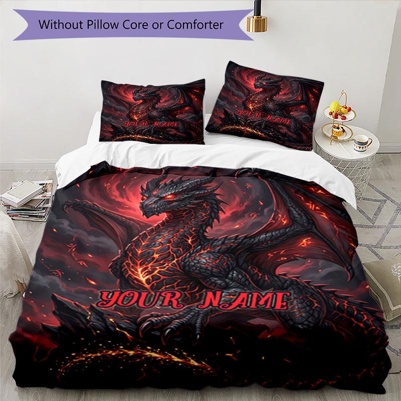 3PC Custom Name Fiery Dragon's Rise Bedding Set Duvet Cover Closure Includes 1 Duvet Cover & 2 Pillowcases for Bedroom