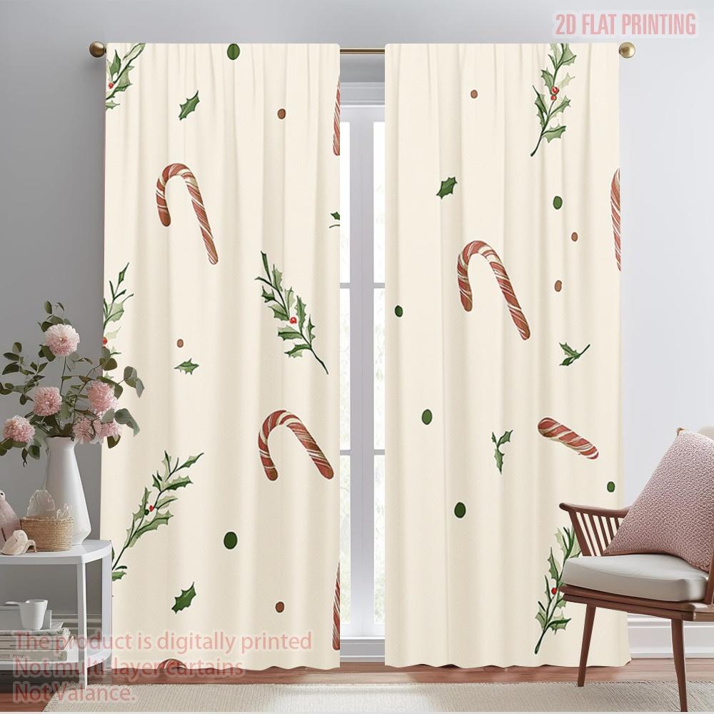 

2pcs 2D plane printing Curtains&Window Treatment Christmas Branch Candy (2) Polyester Woven (without rod) Home Decor for Living 100*130 Grommet Top 1pcs