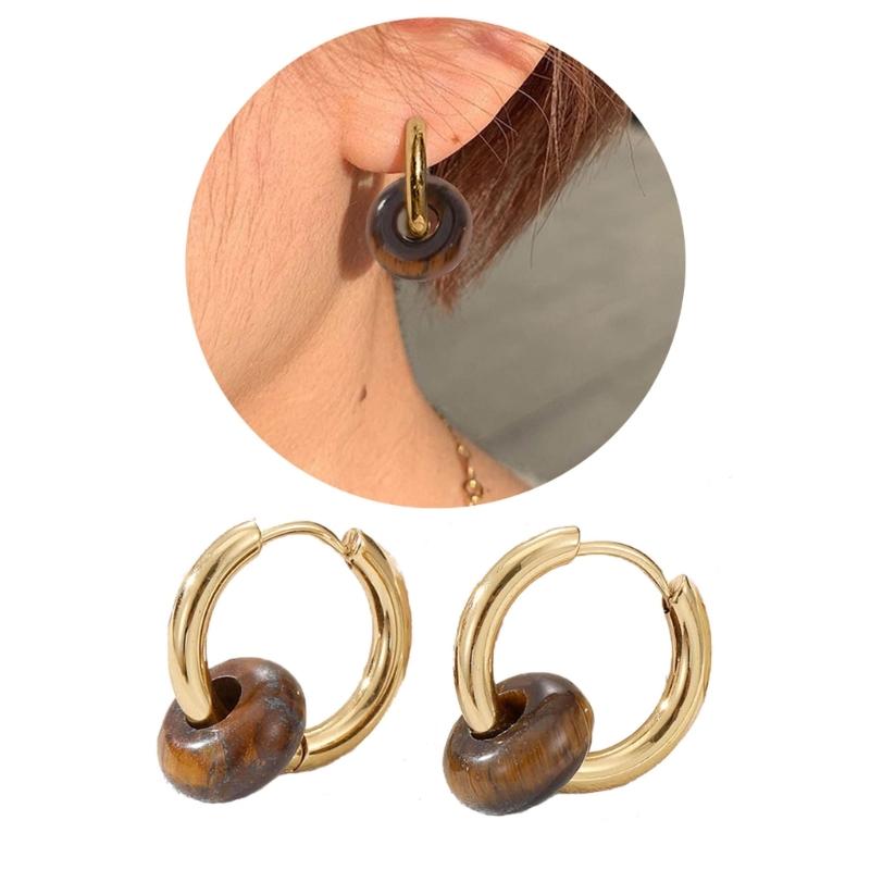 Natural Stone Bead Earrings Stainless Steel Ear Hooks Circle Ear Buckle Hoops Fashion Ear Jewelry Gift for Women Girls