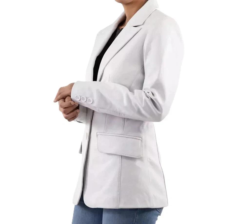 Lambskin Genuine Stylish Formal Office Fit Handmade Leather White Women's Blazer