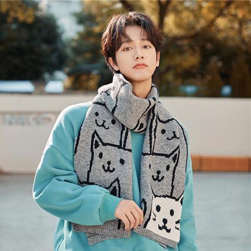 Winter New Couple Scarves Knit Wool Unisex Student Wrap Korean Style Cat Cute Cartoon Thick Warm