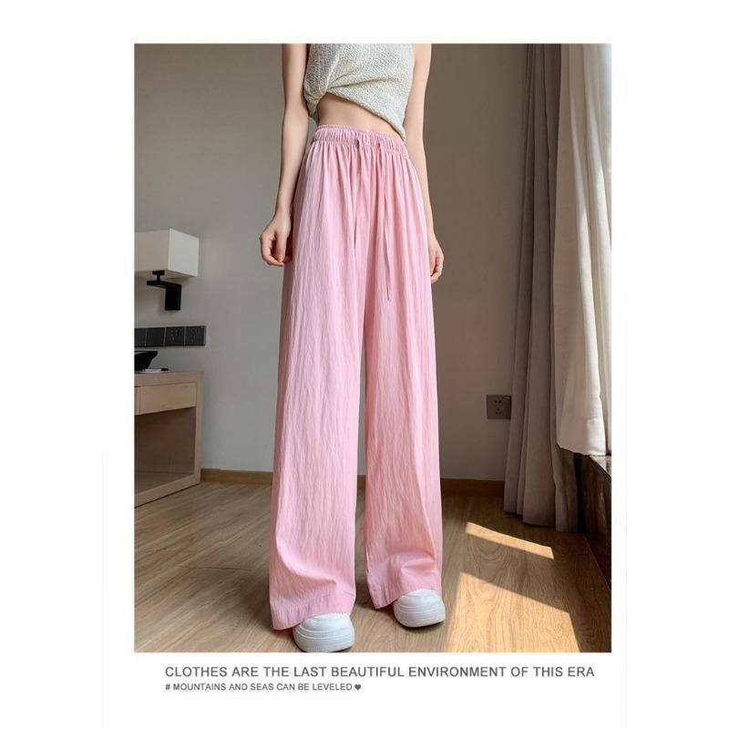 Spring Autumn Loose Casual Solid Elastic Waist Straight Pants Women Draped Flods All-match Wide Leg Trousers
