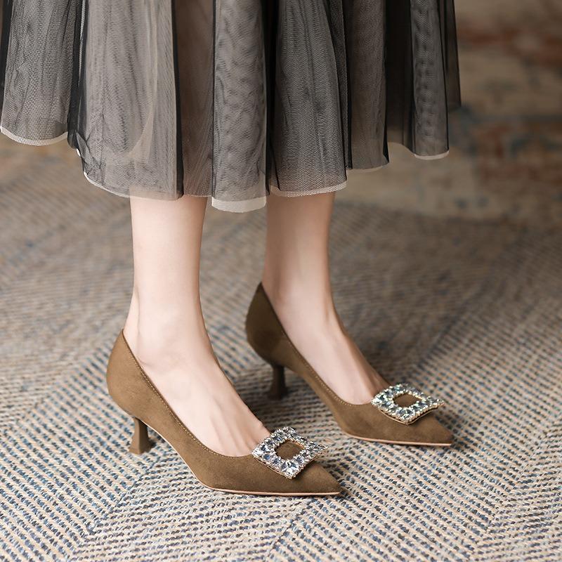 8-Rhinestone square buckle high-heeled single shoes women's autumn new pointed stiletto suede high heels