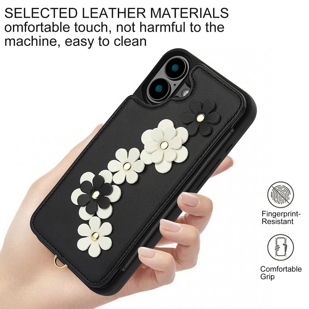 Applicable to iPhone16E multi-function mobile phone case 17Pro flower card holder anti-drop diagonal span rope portable rope