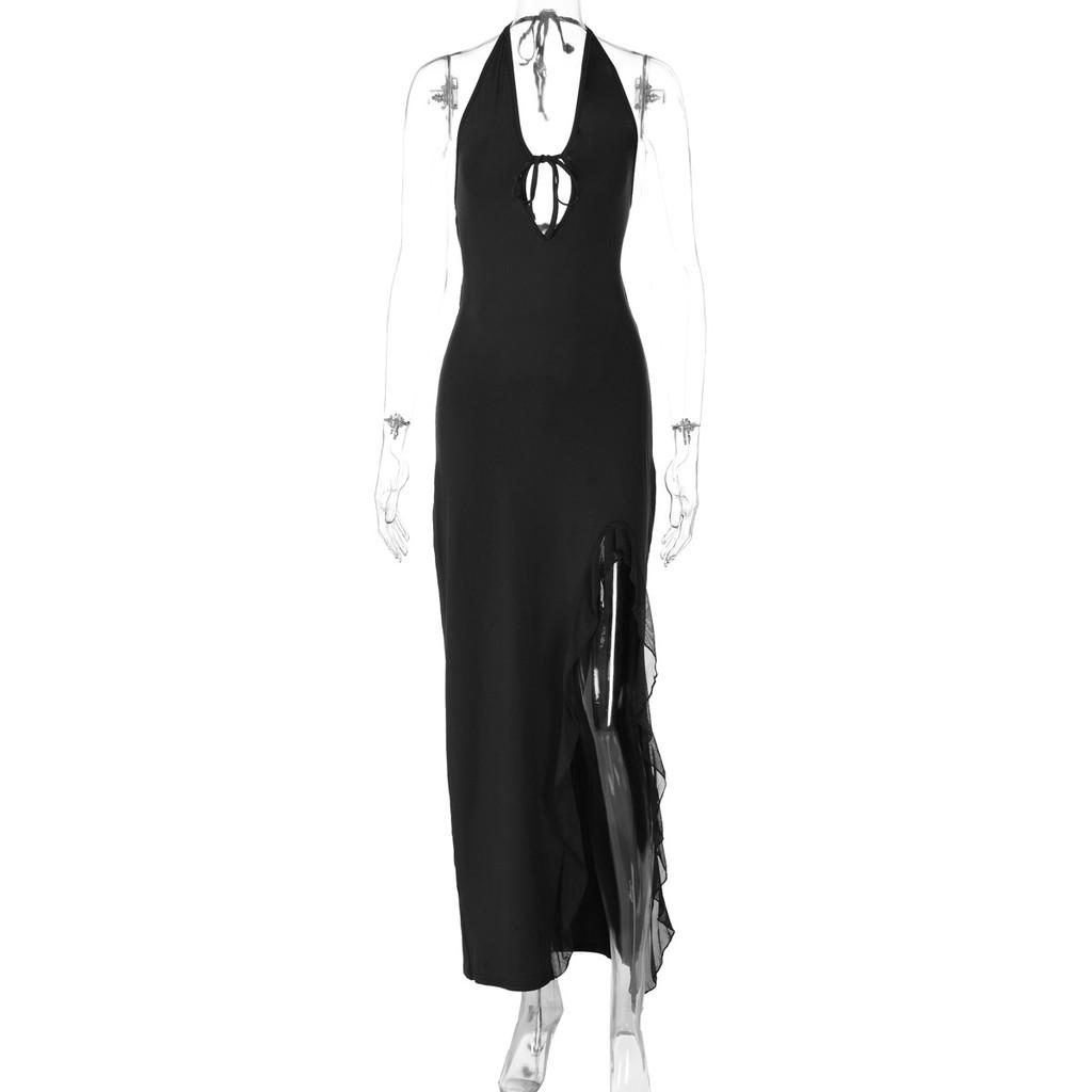 Vestito Sexy Scollo a V Schiena Scoperta per Donna con Bordi Arricciati e Vita Alta per la Primavera
