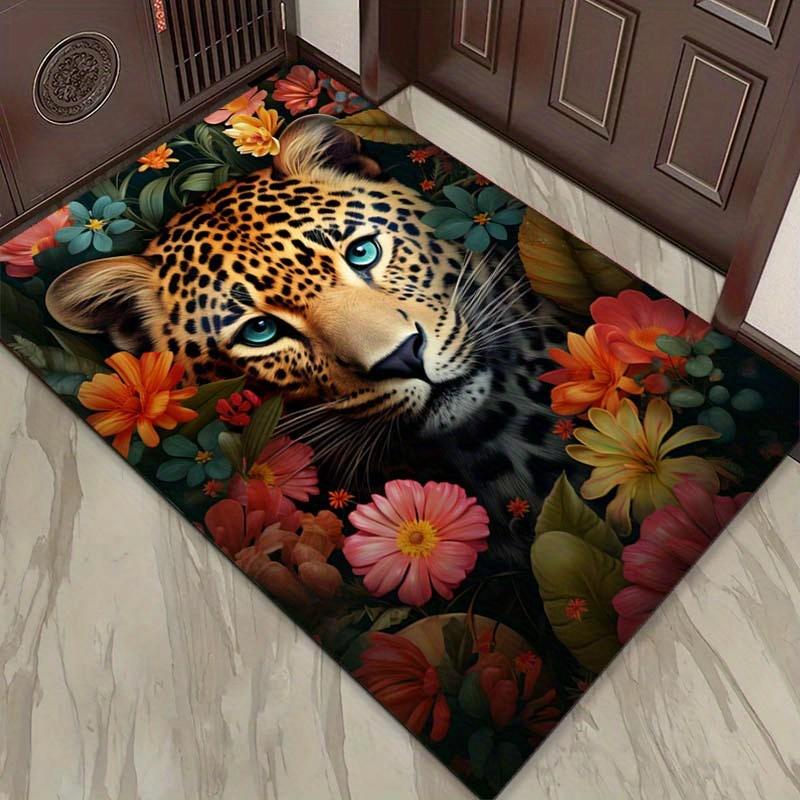 Leopard Floral Rug: Exotic Jungle Theme with Colorful Flowers - Bold Living Room Statement Piece | Wildlife Art Carpets