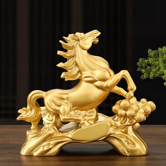 Resin Horse Statue Golden Feng Shui Chinese Zodiac Horse Sculpture 2026 Year of The Horse Collectible Figurine for Tabletop Mantel Home Office Decor