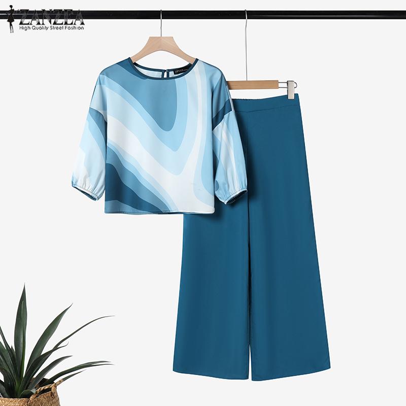 ZANZEA Women Print Blouse and Pants Casual Two Piece Suit Sets
