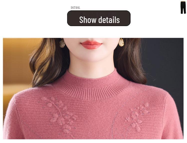 Autumn/Winter 100% Pure Wool Sweater for Mature Women - Knitted Base Layer with Stylish Embroidered Half-High Neck