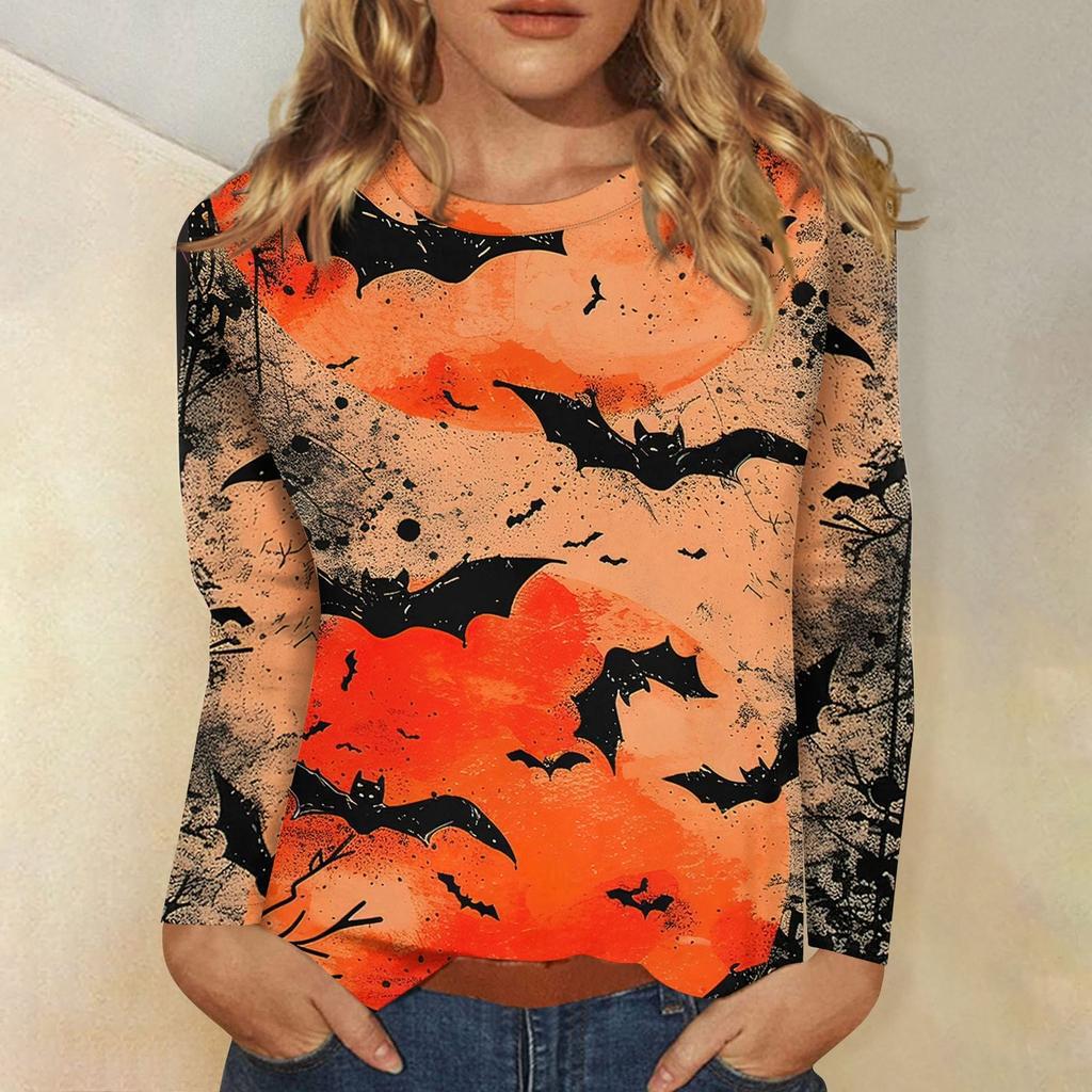 Fashionable 3D digital printed Halloween bat pattern women's round neck long sleeved T-shirt