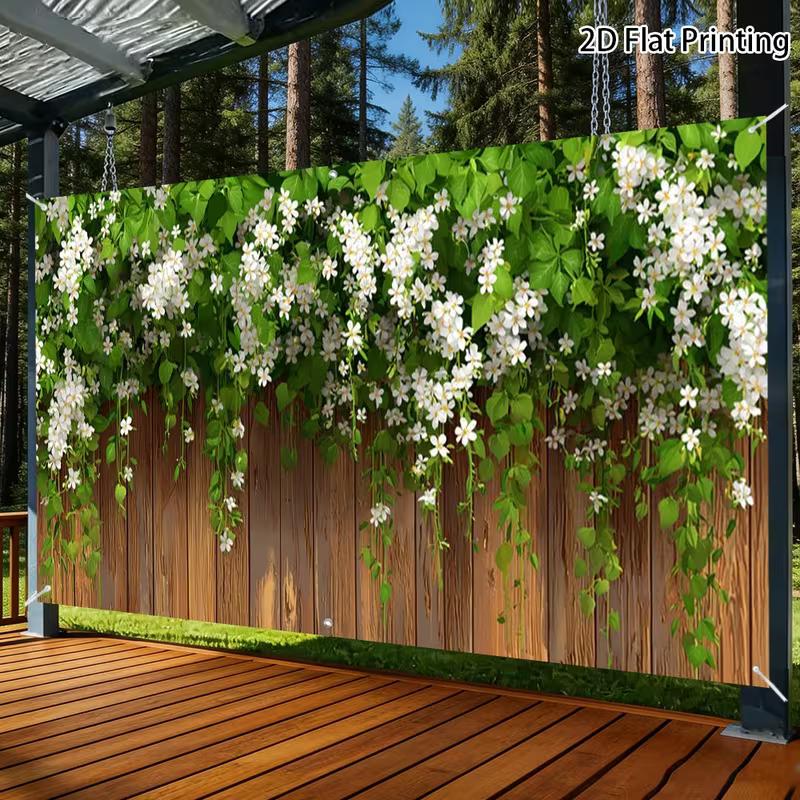 Sfondo per Porta del Garage in Legno Rustico 2D con Rampicante Bianco e Fiori Striscione per la Casa