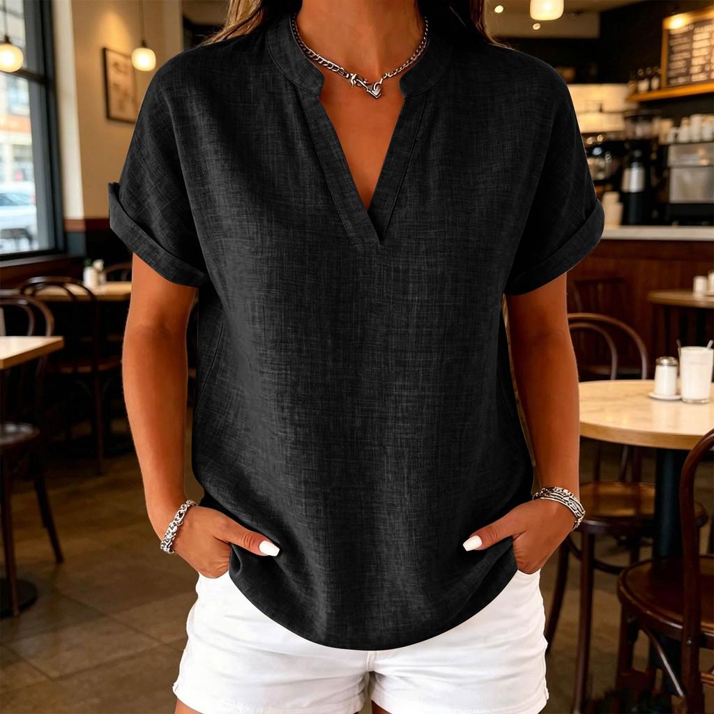 Women's Casual Linen Blend V-Neck Blouse, Short Sleeve Rolled Cuff Loose Fit Tunic Top, Summer Stand Collar Shirt