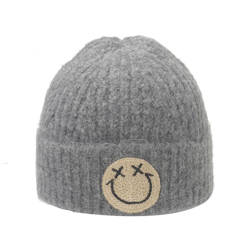 Strickmütze mit Smiley-Gesicht für Damen, Herbst und Winter, verdickt, warm, Pullovermütze, Radfahren, großer Kopfumfang, Pullovermütze, locker, Kältemütze für Damen