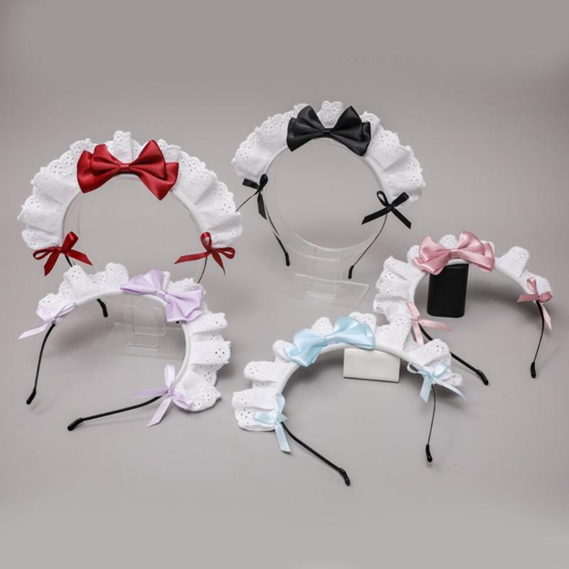 Lovely Sweet Hairband Anime Maid Cosplay Headband Lolita Ruffled Lace Headwear Handmade Satin Bowknot Hair Accessory