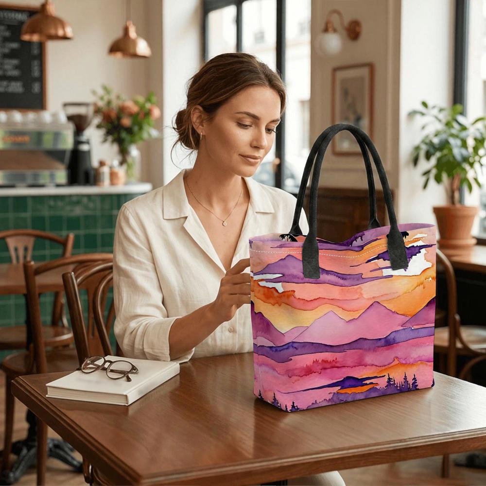 Watercolor Mountain Pattern Tote Bag Casual Large Capacity Shoulder Bag for Daily Use