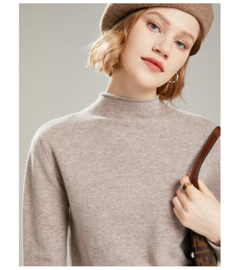 Women's Pure Wool Semi-High Neck Cashmere Sweater - Slim Fit, Versatile Knitted Design