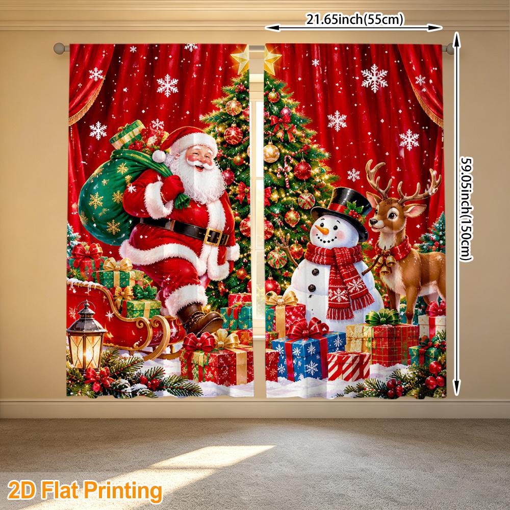 2pcs Rod Pocket Curtain with Santa Christmas Tree Reindeer Gifts Print, Stylish Window Drapes for Home Decor Living Room Bedroom