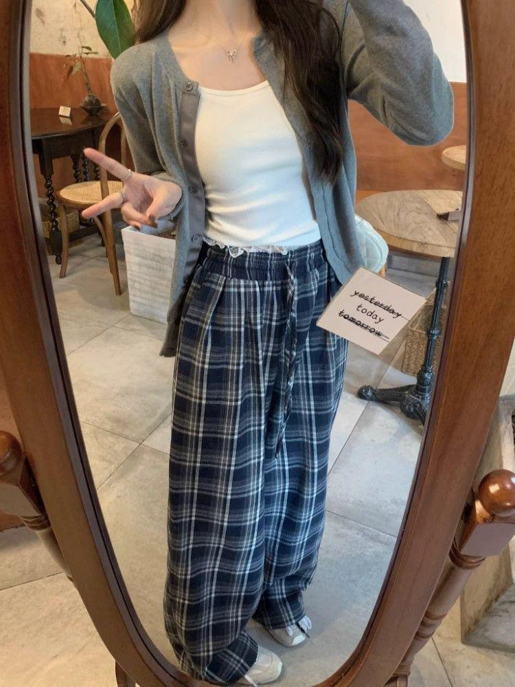 

Винтажные клетчатые повседневные женские брюки с кружевной отделкой - Весенне-летний ленивый стиль, свободные, стройнящие, с прямыми штанинами, драпирующиеся брюки с широкими штанинами. L