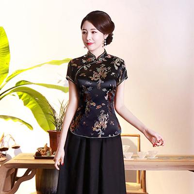 נשים Cheongsam חולצת דרקון פניקס הדפסה בסגנון סיני סתיו צד מפוצל מעמד צווארון Cheongsam העליון עבור משתה