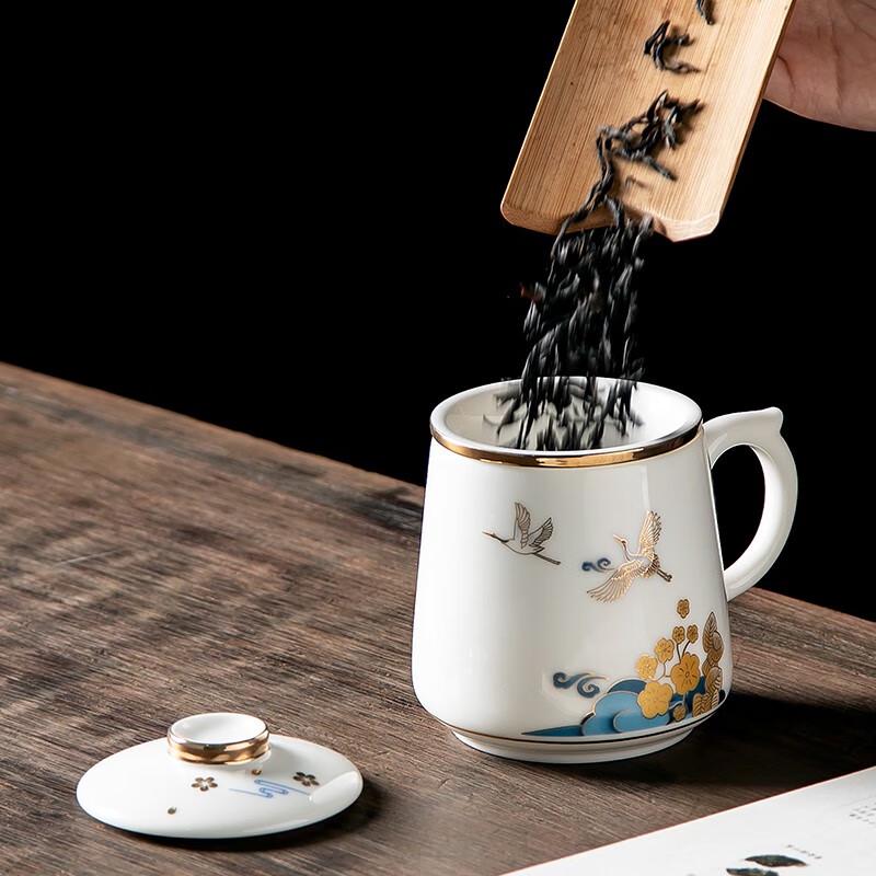 Gold-Inlaid Jade Porcelain Mug - Flower Cloud Crane