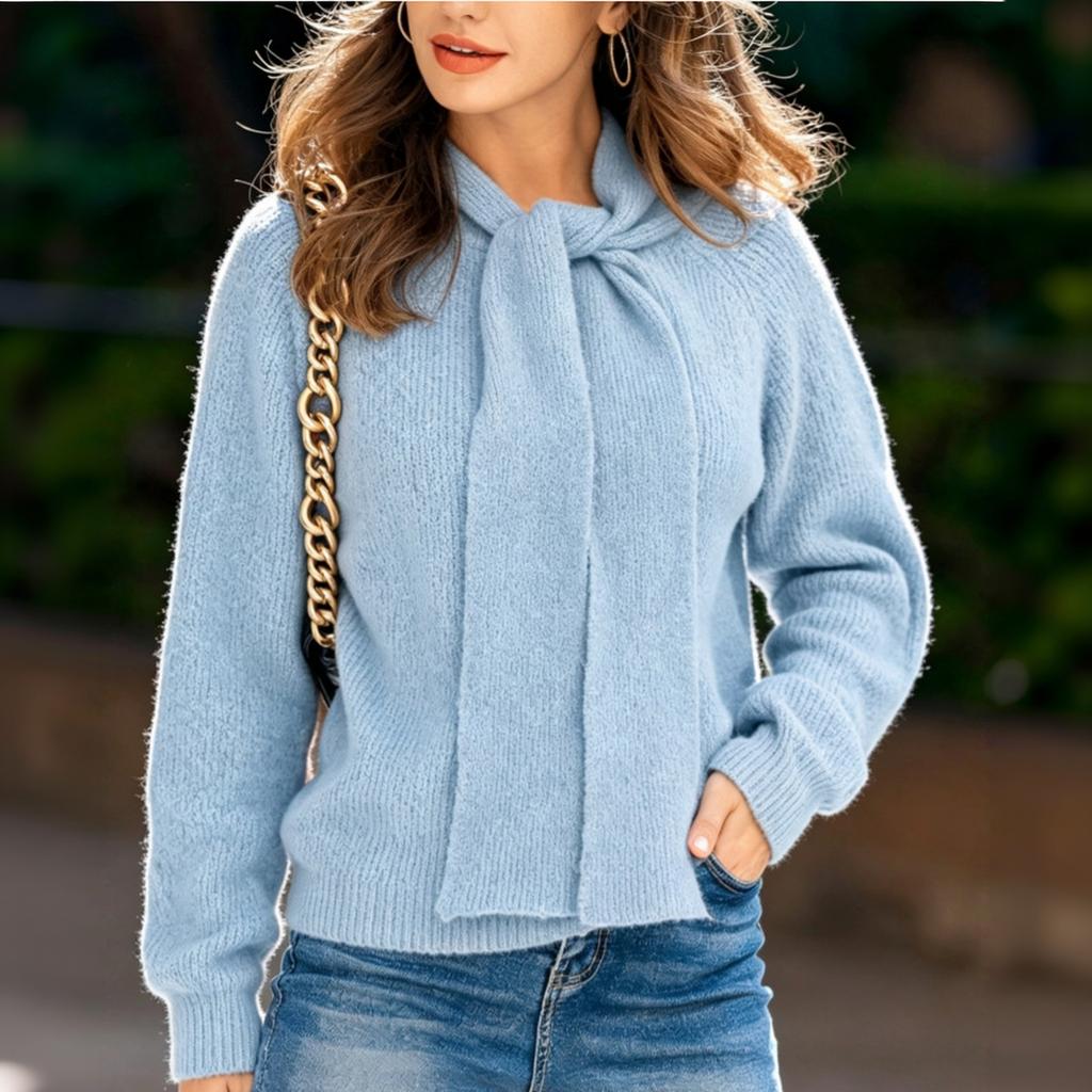 Women's Tie Front Knit Pullover Sweater Long Sleeve Color Versatile Casual Top