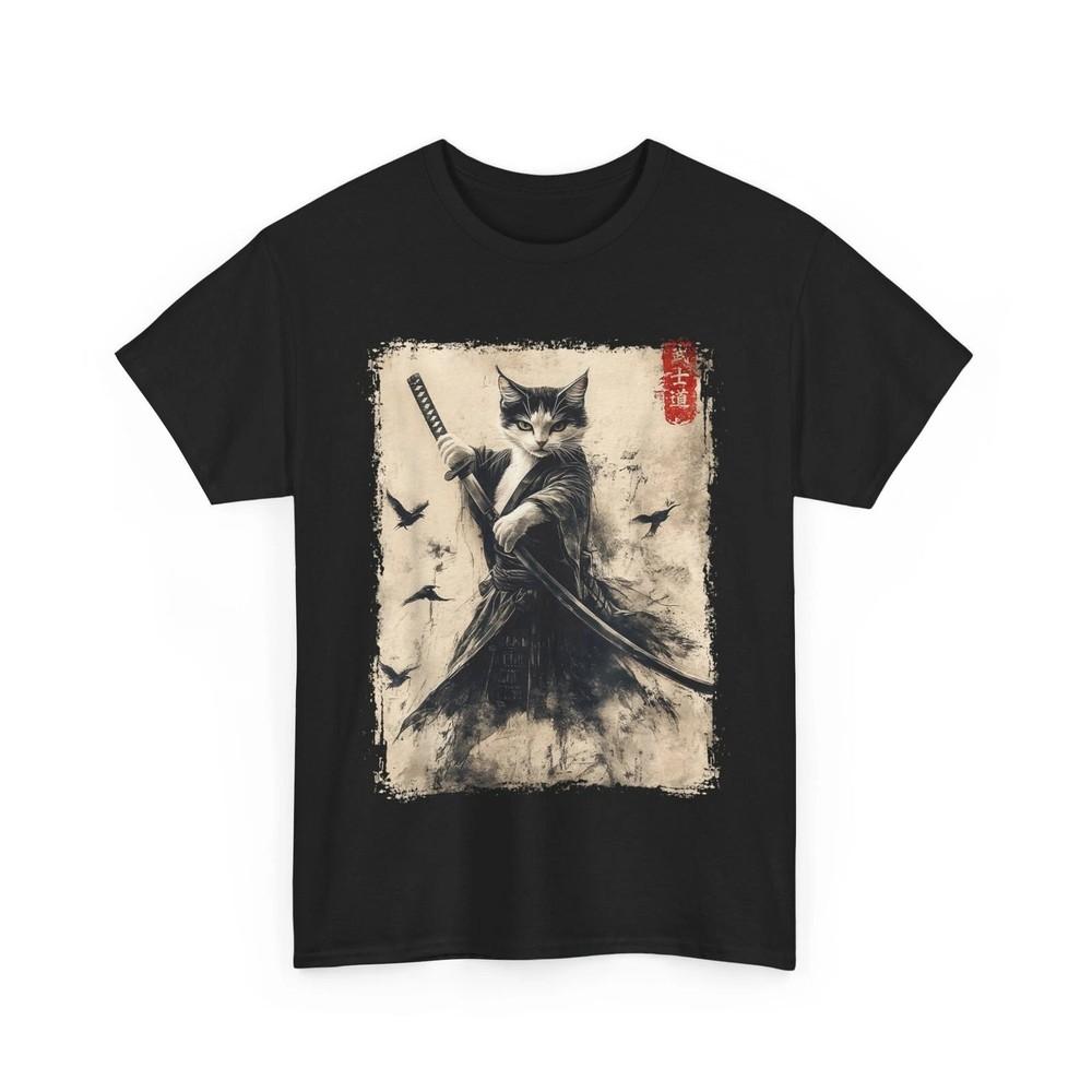 Samurai Cat Graphic Tee Warrior Vintage Japanese Art Anime T-Shirt Unisex T-Shirt XL